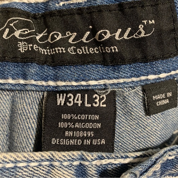 Victorious Mens Jeans 34x32 Distressed Blue Baggy Hip Hop Skater Y2K Studded - Picture 6 of 7